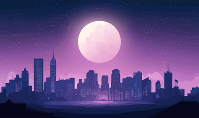 Naklejka premium Minimalistic Full Moon over City Skyline Vector Illustration
