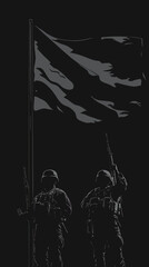 Minimalist Silhouette Soldiers with Flag in Vector Art Style, Military Theme