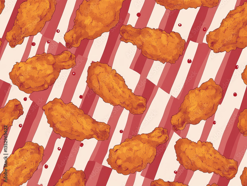 Poster crispy fried chicken drumsticks are arranged in seamless pattern on red and white striped background