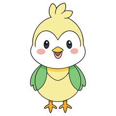 Cute Cartoon Chick, Yellow Head and Body, Green Wings, Big Eyes, Happy Expression