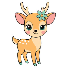 Cute Cartoon Fawn with Flower, Big Eyes, Antlers, Small Deer, Isolated on White