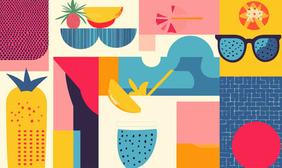 Vibrant Geometric Summer Background with Fruit and Tropical Elements for Seasonal Promotions