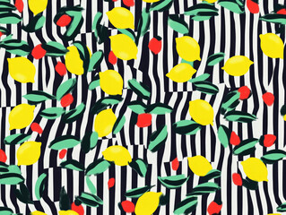 Obraz premium vibrant pattern of yellow lemons and red flowers with green leaves is set against bold black and white striped background, creating lively and dynamic design