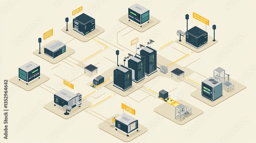 Poster advanced network system: a visual representation of interconnected data servers, processing units, a