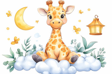 Cute Giraffe on Clouds at Night (1)