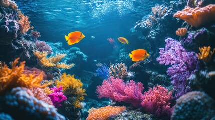 Naklejka premium Vibrant coral reef aquarium fish swimming, underwater scene, nature background, education