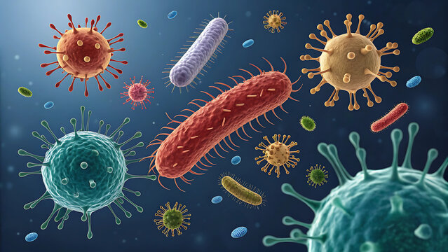 Viruses, germs and bacteria, microorganism types. Illness or disease microscopic cells and infection, microbes and antibodies. Dangerous pathogen, microbiology. Realistic 3d vector illustration