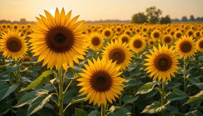 Obraz premium Golden hour sunflower field bathed in warm sunlight evokes feelings of peace and tranquility at sunset