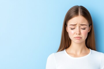 Young woman with closed eyes appears sad and disappointed