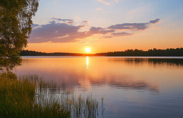 Obraz premium Golden sunset over tranquil lake with reflections of vibrant sky and serene natural landscape scenery
