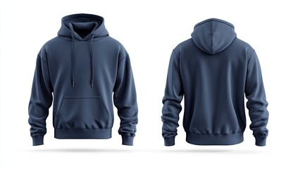 Front and back view of a navy blue hoodie mockup