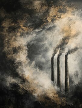 Industrial chimneys spew smoke into a polluted sky.