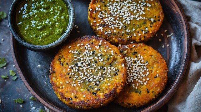 Top view of handvo Savory Gujarati Lentil Cake garnished sesame seeds and served with tangy green chutney