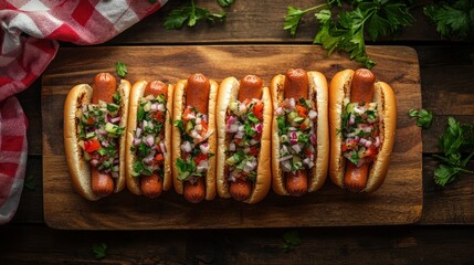 Gourmet hot dogs on a wooden board