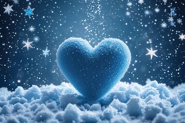 Fototapeta premium Light Blue Snowfall with Love Heart and Star Background for Winter Celebrations