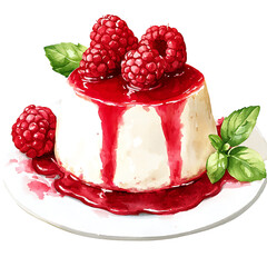 Watercolor illustration of a panna cotta dessert topped with fresh raspberries berry sauce and mint leaves on a white plate.