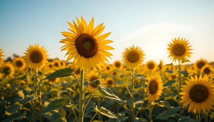 Obraz premium Golden Hour Sunflower Field Nature Scenery Agriculture Farming Harvest Summer Landscape Beauty Yellow Floral Botany
