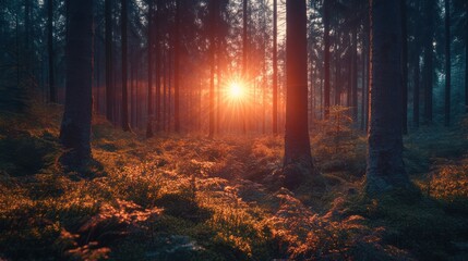 Obraz premium Sunset forest path, misty morning, nature scene, tranquil background, postcard