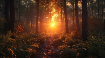 Sunlit Forest Path, Sunrise, Misty Woods, Nature, Hiking