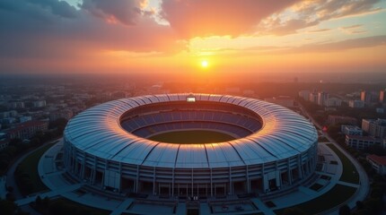 Vibrant sunset over circular stadium: urban skyline and dramatic sky