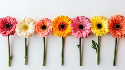 Row of gerbera daisies in vibrant colors against a clean white background
