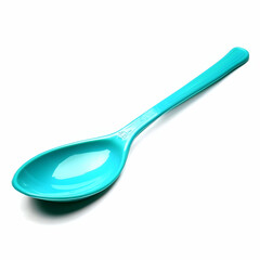 Teal plastic spoon isolated on white background; kitchen utensil for food serving