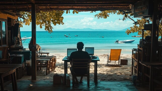 Beachside remote worker laptop ocean view paradise