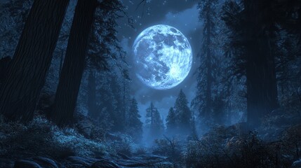 Naklejka premium Moonlit winter forest path, snowfall, mystical atmosphere, game background