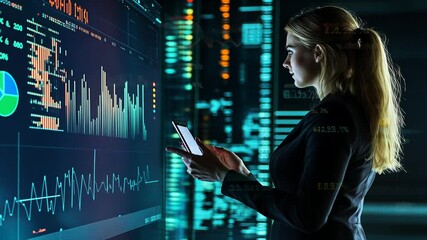 Businesswoman Analyzing Data on Large Screen in Dark Server Room - Powered by Adobe
