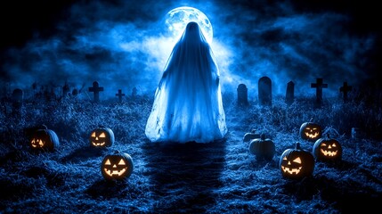 A spectral figure stands in a spooky graveyard on Halloween night
