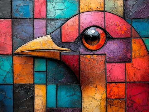 A stained glass painting depicting the head of a bird in profile. The bird is made from colorful squares and rectangles, creating a mosaic effect. The primary colors are shades of red, orange, blue, a