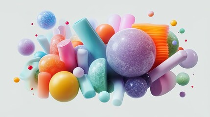 colorful objects spheres cylinders 3d render bright tones soft lighting closeup textures artistic white background