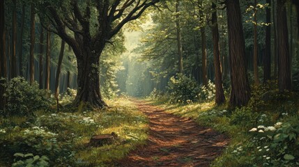 Obraz premium Sunlit Forest Path, Misty Morning, Green Trees, Nature Walk, Fantasy Setting