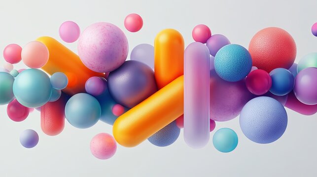 abstract geometric shapes floating 3d render colorful spheres pills pipes motion white background clean design