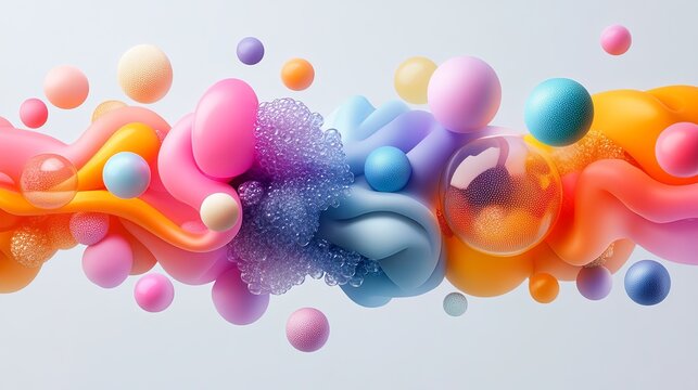 colorful abstract shapes spheres floating glossy textures soft gradients fluid forms dynamic composition background
