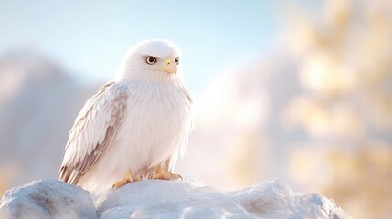 Peaceful white falcon perched on a snowy mountaintop.  Soft, ethereal light bathes the scene