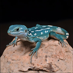 Obraz premium Turquoise lizard perched on rock, studio shot, reptile detail, exotic pet