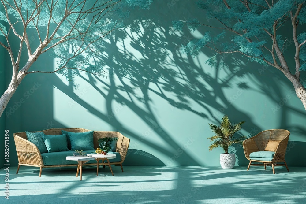 Poster soft teal background with detailed tree shadow design for product showcase