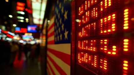 Bright red electronic data display beside the flag on a wall
