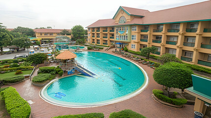 Resort poolside view, tropical landscaping, building in background, family vacation
