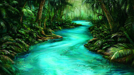 Fototapeta premium Lush tropical river flowing through dense jungle, sunlight dappling the leaves, perfect for travel brochures or nature documentaries