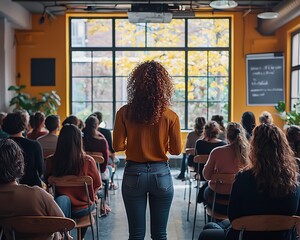 Woman giving a presentation to a diverse group