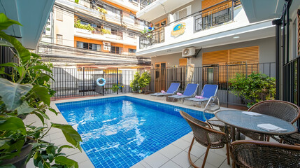 Tropical city courtyard pool, lounge chairs, and table. Ideal for travel and vacation rental websites