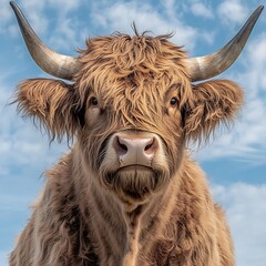 A beautiful long haired highland cow looking directly towards the camera