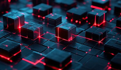 Futuristic network of interconnected cubes.  Intricate design with glowing red and blue lines connecting dark gray blocks