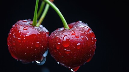 Close-up of two fresh, vibrant cherries, glistening with water droplets