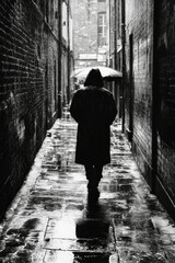 Lonely figure walks down rain-slicked alleyway.
