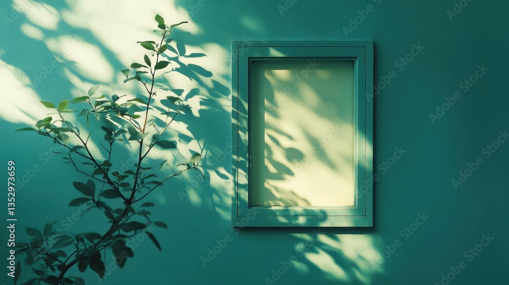 Aufkleber a blank frame hangs on teal wall with plant shadows. use for artistic concepts or add your own pictu