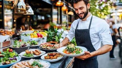 The happy chef is serving plates of delicious fresh food