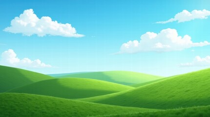 Fototapeta premium Idyllic green hills under clear blue sky with fluffy clouds